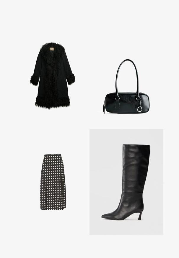 Schwarzer Mantel mit einem flauschigen, fellartigen Kragen und Bündchen. Wildledermaterial mit einem knielangen Design, das durch einen einzelnen Toggle-Verschluss gesichert ist.; Schwarzes Langarmoberteil aus weichem Stoff. Mit tiefem V-Ausschnitt und gewelltem Spitzenbesatz sowie einer taillierten Silhouette. Keine sichtbaren Muster.; Schwarzer Midirock mit weißen Punkten, aus einem glatten Stoff gefertigt. Verfügt über eine taillierte Passform und einen leichten Seitenschlitz für Bewegungsfreiheit.; Schwarze Lederstiefel bis zum Knie mit spitzem Zehenbereich und schmalem Absatz. Glatte Textur mit nahtlosem Design und glänzender Oberfläche.; Schwarze Lederhandtasche mit rechteckiger Form, glatter Textur, zwei Griffen und silbernen Hardware-Akzenten. Mit Reißverschlussverschluss und Steppdetails.