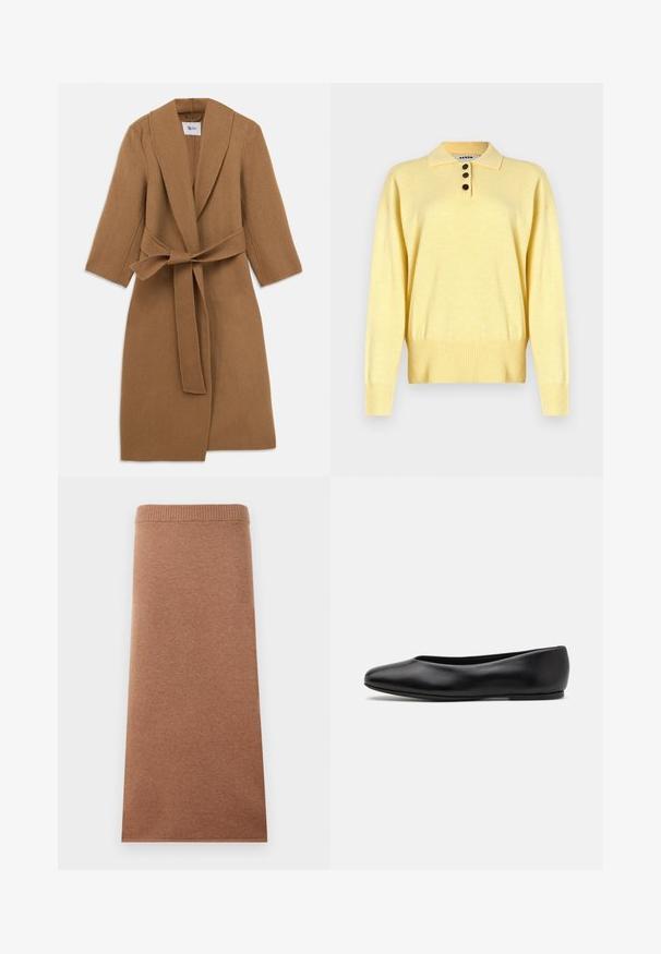 Hnědý vlněný kabát s límcem do tvaru šálu, dlouhými rukávy a zavazováním v pase. Minimalistický design, texturovaná tkanina a délka ke kolenům.; Žlutý pletený polo svetr s límečkem, má tři tmavé knoflíky, žebrovaný lem a dlouhé rukávy, vyrobený z měkké látky.; Hnědá pletená midi sukně se těsným elastickým pasem. Hladká textura, rovný střih a bez viditelných vzorů nebo akcentů.; Paul Smith TOPANGA - Klasické baleríny - black