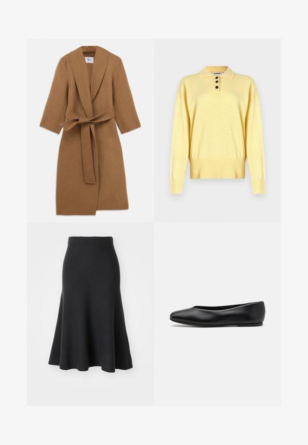 Tan wollen jas met een sjaalkraag, lange mouwen en een strikband in de taille. Minimalistisch design, gestructureerde stof en knie-lange snit.; Geel gebreide poloshirt met een kraag, voorzien van drie donkere knopen, een geribde zoom en lange mouwen, gemaakt van zacht materiaal.; Zwarte klokrok van zachte stof, met een hoge taille, een gladde textuur en een A-lijn silhouet dat tot halverwege de kuit reikt.; Paul Smith TOPANGA - Ballerina's - black