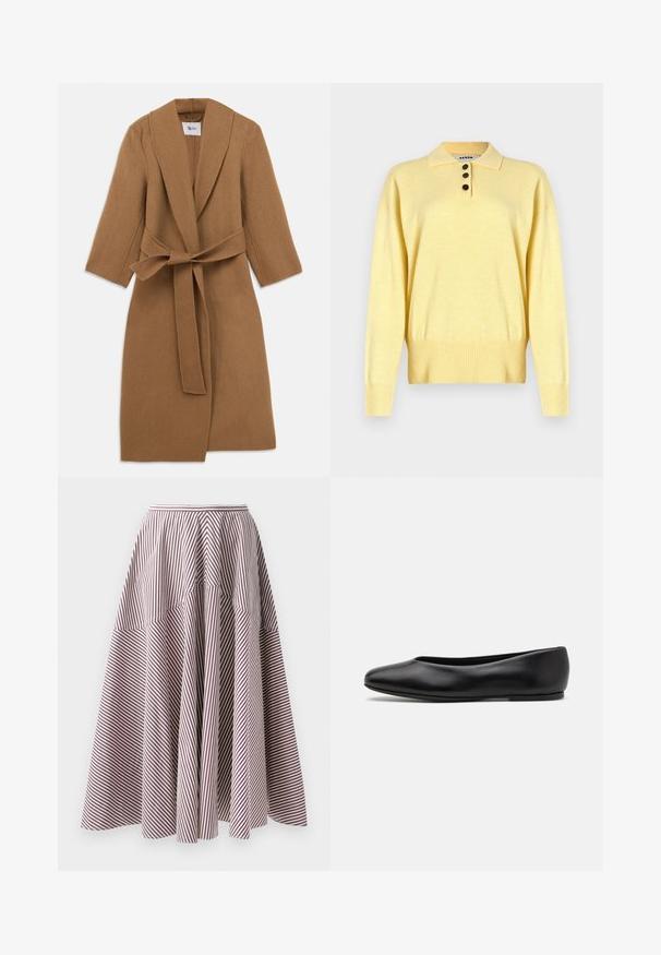 Beiger Wollmantel mit schmalem Kragen, langen Ärmeln und einem gebundenen Gürtel in der Taille. Minimalistisches Design, strukturierter Stoff und knielanger Schnitt.; Gelbes, gestricktes Polo Sweatshirt mit Kragen, ausgestattet mit drei dunklen Knöpfen, geripptem Saum und langen Ärmeln, aus weichem Material gefertigt.; Gestreifte Skirt mit vertikalen weißen und bordeauxfarbenen Linien, mit einem ausgestellten Design und gerafftem Material an der Taille, aus leichtem Stoff gefertigt.; Paul Smith TOPANGA - Klassischer Ballerina - black