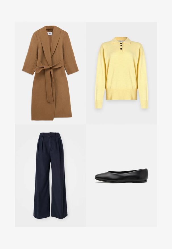Hnědý vlněný kabát s límcem do tvaru šálu, dlouhými rukávy a zavazováním v pase. Minimalistický design, texturovaná tkanina a délka ke kolenům.; Žlutý pletený polo svetr s límečkem, má tři tmavé knoflíky, žebrovaný lem a dlouhé rukávy, vyrobený z měkké látky.; Tmavě modré kalhoty širokého střihu vyrobené z bavlny, s sklady vpředu, vysokým pasem a zipem na zapínání s knoflíkem.; Paul Smith TOPANGA - Klasické baleríny - black