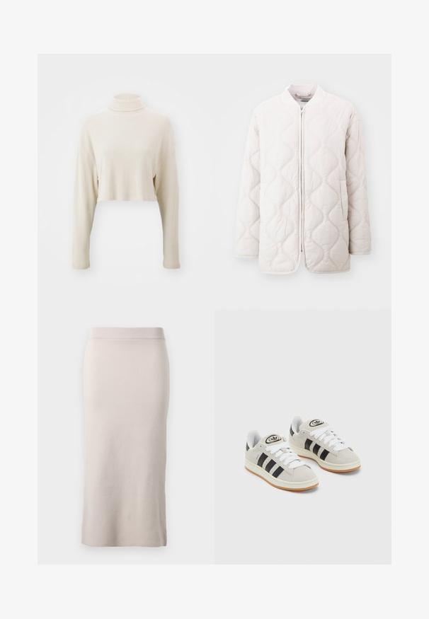 Casaco acolchoado leve em tom de creme suave, com padrões de costura ondulada, fecho de correr na frente e bolsos laterais; ajuste descontraído e gola canelada.; Sweater de gola alta cortado em tecido canelado bege suave, com mangas longas e um corte descontraído, sem padrões ou detalhes visíveis.; Saia lápis de malha em uma cor bege clara, com cintura canelada, ajustada ao corpo e fenda lateral para facilitar os movimentos. Textura suave, design minimalista.; Tênis de camurça cinza com atacadores brancos, riscas pretas e uma sola de borracha branca. Apresenta um logótipo circular na língua e uma sola de borracha.