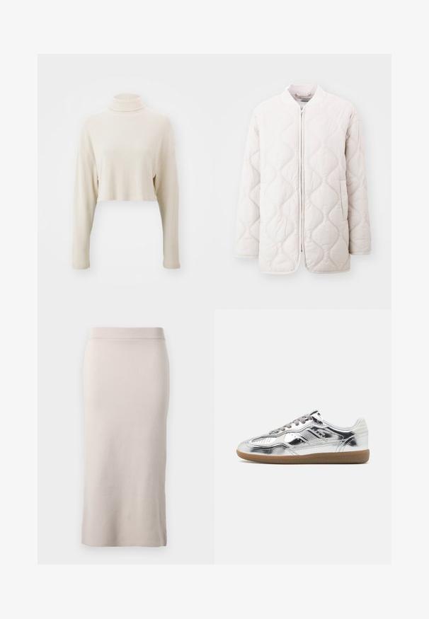 Lightweight quilted jacket in soft cream with wavy stitching patterns, front zipper, and side pockets; relaxed fit and ribbed collar.; Cropped turtleneck sweater in soft beige ribbed fabric, featuring long sleeves and a relaxed fit, without any visible patterns or accents.; Knit pencil skirt in a light beige color, featuring a ribbed waistband, slim fit, and side slit for ease of movement. Soft texture, minimal design.; Silver metallic sneakers with a smooth texture, grey laces, and a gum rubber sole, featuring perforations on the toe and side design accents.