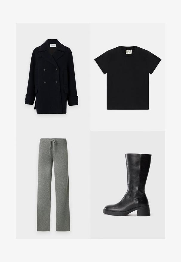 CLOSED - Klasyczny płaszcz; Czarny t-shirt z krótkim rękawem i okrągłym dekoltem, z białą metką wewnątrz kołnierza oznaczoną "D.R.C. EST. 2002" na białym tle.; Szare spodnie dzianinowe z prążkowanego materiału z sznurkiem w pasie. Prosty krój nogawek o miękkiej teksturze. Bez widocznych wzorów ani elementów metalowych.; Czarny skórzany botek do połowy łydki z blokowym obcasem i okrągłym noskiem, widocznym szwem po bokach oraz gładkim, wypolerowanym wykończeniem.