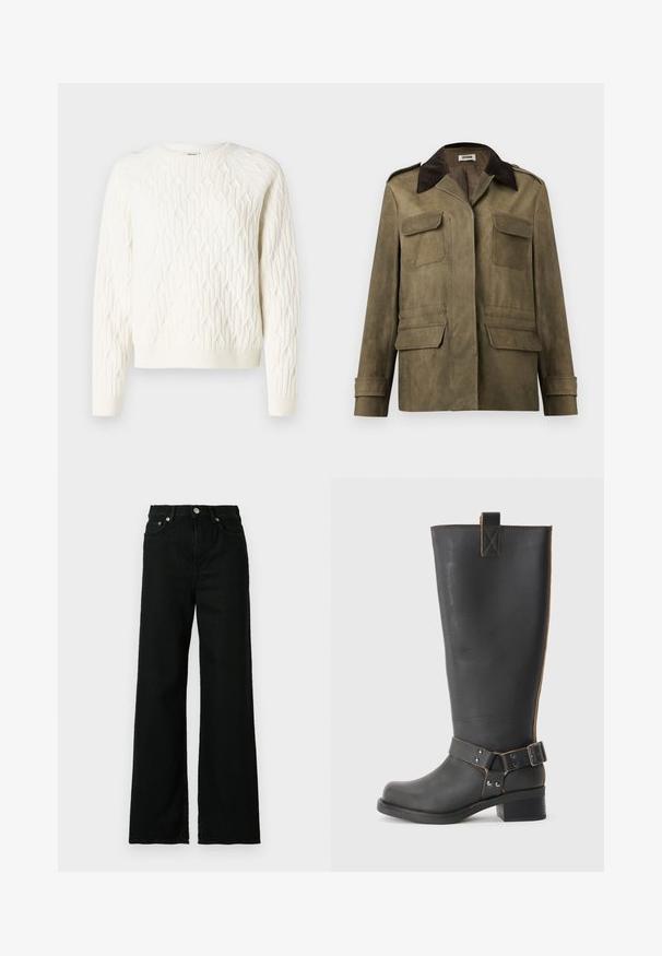 Jacqueta de camurça verde-oliva para homem com colarinho de tecido tipo veludo cotelê castanho-escuro, quatro bolsos com aba e punhos abotoados.; Sweater branco tricotado com um padrão de diamantes texturizado, decote redondo e punhos e bainha canelados. Tecido suave com uma aparência aconchegante.; Jeans de denim preto com uma cintura alta, corte largo, apresentando um fecho frontal com botão e zip e um design clássico de cinco bolsos.; Bota preta de couro até ao joelho com um acabamento texturizado, apresentando um detalhe de fivela lateral e um salto baixo. Costura detalhada ao longo das costuras.
