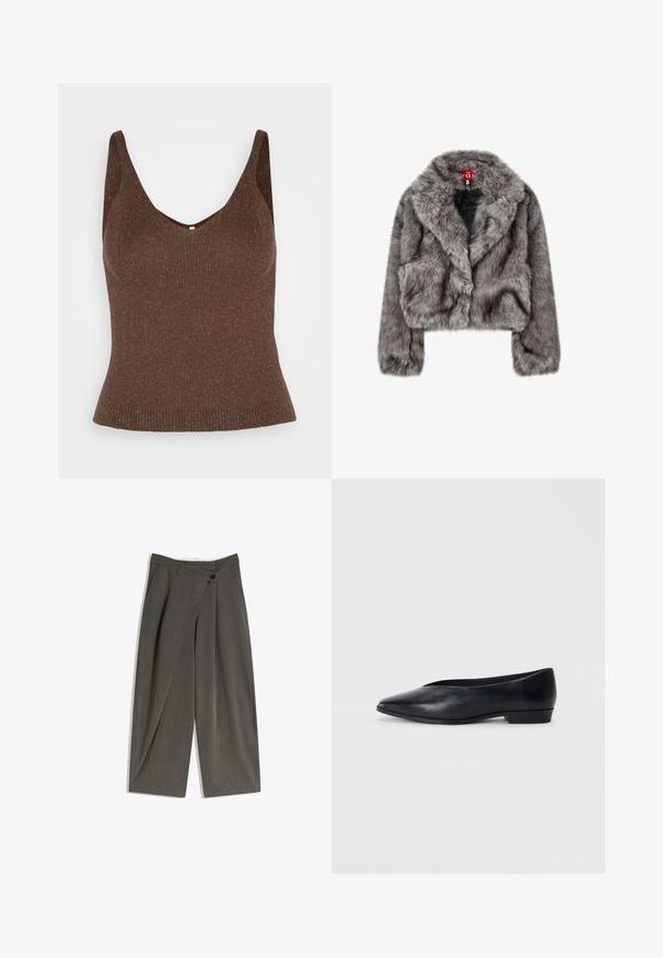 Graue Faux-Fur kurz geschnittene Jacke mit breitem Kragen, langen Ärmeln und zwei Fronttaschen. Weiche Textur mit leichtem Glanz.; Gekürzter grauer Kapuzenpullover aus weichem Stoff, mit Reißverschluss vorne, großer Kapuze und zwei frontalen Taschen mit elastischen Bündchen.; ONLY ONLLINA - Top - chocolate brown; Weite Hosen aus einem dunkelgrauen Stoff. Mit flachem Bund, seitlichen Taschen und einem einzelnen Knopfverschluss. Glatte Textur, taillierte Passform.; Schwarze Lederflatschuhe mit spitzer Zehenform, leicht erhöhtem Absatz und glatter Oberfläche. Schlichtes Design ohne sichtbare Hardware oder Muster.
