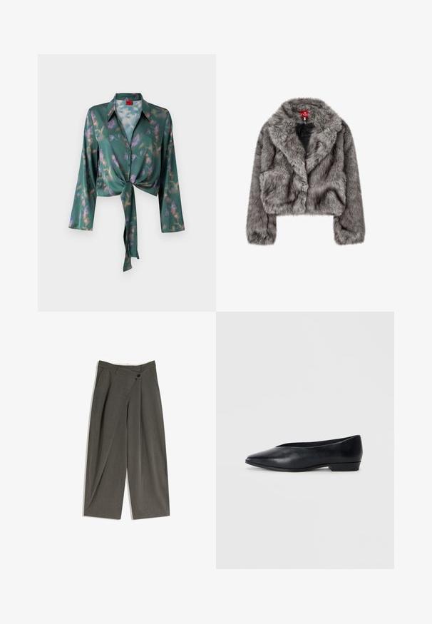 Harmaa tekoturkis lyhythihainen takki, jossa on leveä kaulus, pitkät hihat ja kaksi etutaskua. Pehmeä pinta, jossa on kevyt kiilto.; Vihreä solmittava puku pitkähihaisilla hihoilla, kiiltävä pinta, jossa on kukkakuvioita purppuran ja vaaleanpunaisen sävyissä. Napitettava suljenta.; Hartsi leveet housut tummanharmaasta kankaasta. Ominaisuuksia ovat tasainen etuosa, sivutaskut ja yksittäinen napitus. Silkkinen koostumus, muotoiltu istuvuus.; Mustas nahast lame king, millel on terav varvas, veidi tõstetud konts ja sile pind. Lihtne disain, ilma nähtava riistvarata või mustriteta.