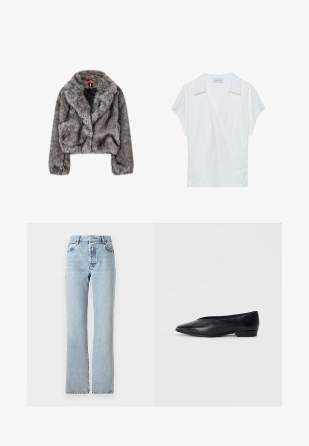 Gray faux fur cropped jacket with a wide collar, long sleeves, and two front pockets. Soft texture with a slight sheen.; White collared wrap blouse made from smooth fabric, featuring short sleeves and gathered detailing at the waist for a relaxed fit.; Light blue denim jeans with a high waist, straight legs, classic five-pocket design, and subtle fading throughout.; Black leather flat shoe with a pointed toe, slightly raised heel, and smooth surface. Simple design with no visible hardware or patterns.
