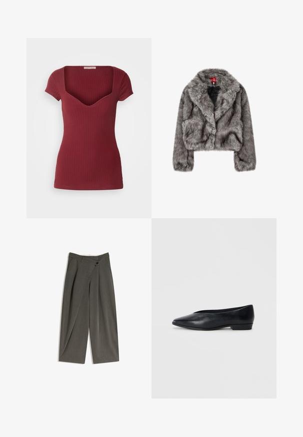 Szürke műszőrme cropped dzseki széles gallérral, hosszú ujjakkal és két elülső zsebbel. Puha tapintás, enyhe fényességgel.; Csíkos bordó felső, fitted szabással, rövid ujjakkal és mély V-kivágással. Puha anyagból készült, sima textúrával.; Sötét szürke szövetből készült bő szárú nadrág. Lapos elülső rész, oldalsó zsebek és egyetlen gombos záródás jellemzi. Simaság és testre szabott fazon.; Fekete bőr lapos cipő, hegyes orral, enyhén megemelt sarka és sima felülettel. Egyszerű dizájn, látható hardver vagy minták nélkül.