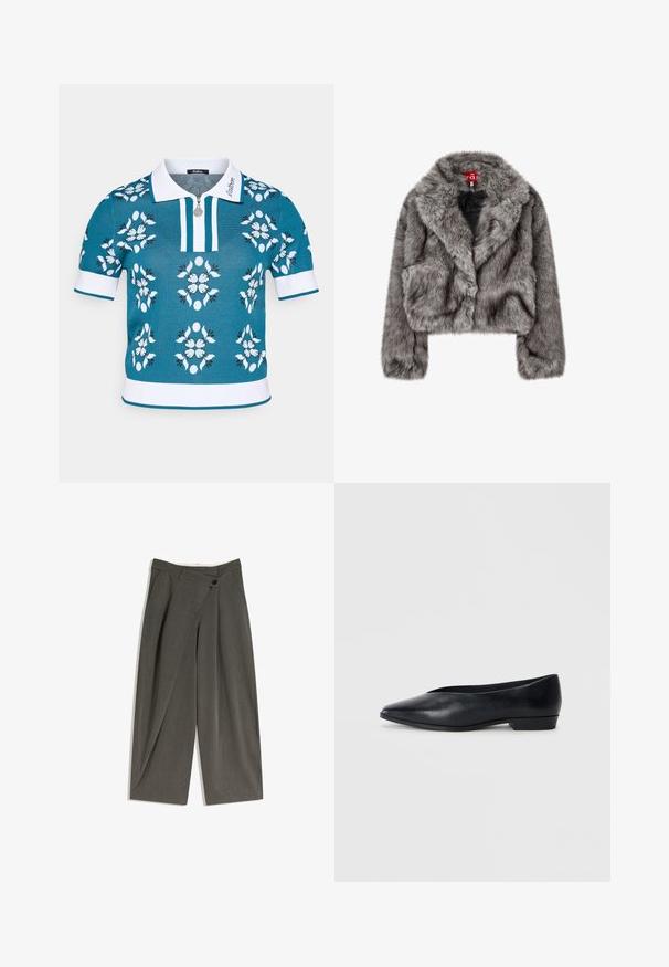 Szara kurtka z sztucznego futra, krótka, z szerokim kołnierzem, długimi rękawami i dwiema przednimi kieszeniami. Miękka tekstura z delikatnym połyskiem.; Turkusowa dzianinowa koszulka polo z białymi akcentami, z przodu na zamek, z kwiatowym wzorem w bieli, jasnym niebieskim i czarnym. Krótkie rękawy z ribbowymi mankietami.; Spodnie o szerokich nogawkach w ciemnoszarym materiale. Posiadają płaskie przody, boczne kieszenie oraz pojedyncze zapięcie na guzik. Gładka tekstura, dopasowany krój.; Czarne skórzane płaskie buty z szpiczastym czubkiem, lekko podwyższonym obcasem i gładką powierzchnią. Prosty design bez widocznych elementów metalowych czy wzorów.