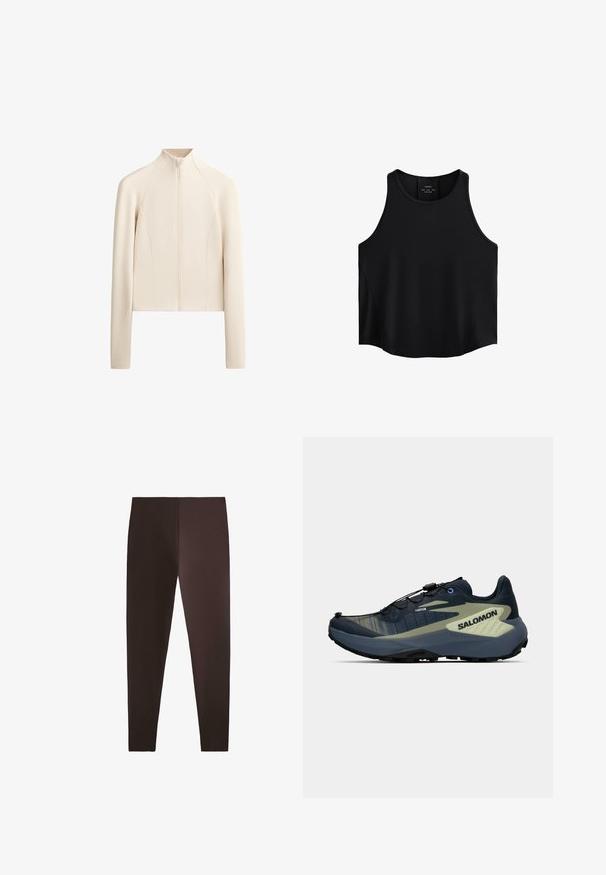 Svetlo bež jakna na zadrgo z rebrasto teksturo, fitted dizajnom, visokim ovratnikom in dolgimi rokavi. Šivi poudarjajo strukturni videz.; Črna brezrokavna bluza iz gladkega materiala, ki ima okroglo izrezovanje, raven kroj in stranske panele z rahlo teksturo.; Rjave legice iz raztegljivega materiala, s prilagojeno zasnovo in gladko teksturo ter čisto, preprosto silhueto.; Temno modri in olivno zeleni čevlji za trail tek z črnimi podplati, sistemom hitrega vezanja in blagovno znamko "SALOMON" na strani.