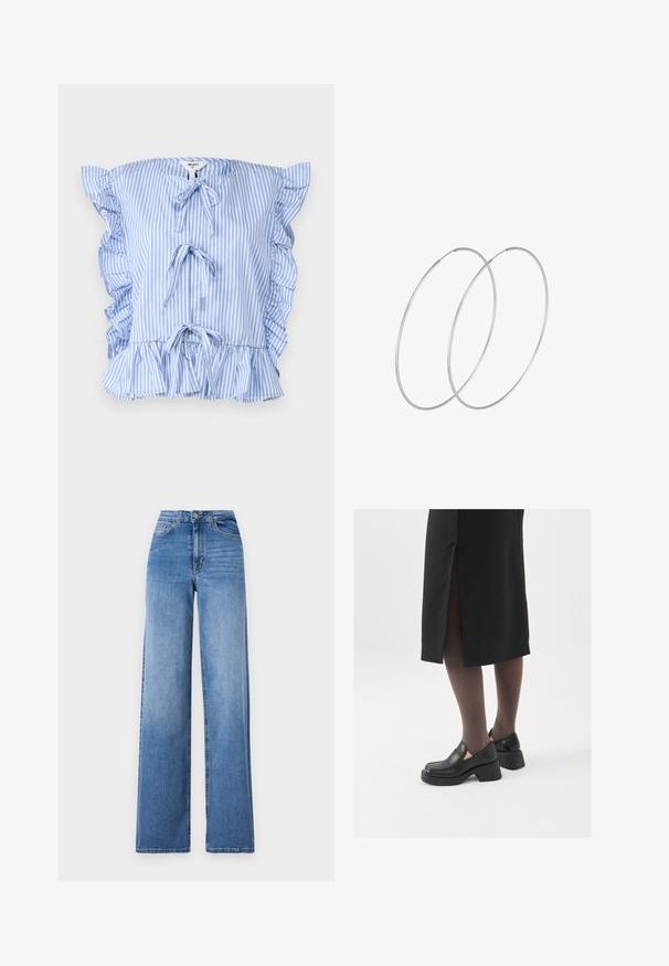 Olivno zelena kordna bufer jakna z visokim ovratnikom, sprednjim zadrgo in rebrasto teksturo. Ima oblazinjene sekcije z mehkim zaključkom.; Prugasta bluza v modri in beeli barvi z nabranimi rokavi, sprednjimi zavezavami in nabranim robom. Narejena iz lahkotnega blaga z mehkimi teksturami.; Svijetloplave široke traperice napravljene od denima, s visokim strukom, prednjim džepovima i standardnim kopčanjem na dugme. Glatka tekstura.; Črne usnjene čevlje s zaobljenim prstom, debelim blokastim petama in elastičnimi stranskimi detajli, v kombinaciji s temno nogavicami in črno krilo z razporkom.; Srebrne uhane v obliki obroča z minimalističnim dizajnom. Krožna oblika, gladka tekstura in tanek profil. Lahki s poliranim zaključkom.