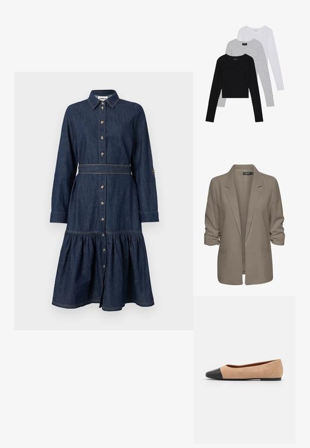 Bézs színű, laza szabású blézer, sima anyagból készült, felgÖngyölt ujjakkal, két oldalsó zsebbel és cakkos rever kialakítással.; Denim ruha, galléros nyakkal, teljes gombos elülső részével, hosszú ujjaival és többszintű szoknyájával. Sötétkék szín aranyszínű gombokkal és varrással.; Három hosszú ujjú póló egymásra rakva: fekete, szürke és fehér. Mindegyiknek kerek nyaka van, és rövidített fazonnal rendelkezik, sima, könnyű anyagból készült.; Beige velúr balettcipő fekete bőr kerek orral, alacsony sarokkal és sima textúrával, minimális varrással és letisztult dizájnnal.