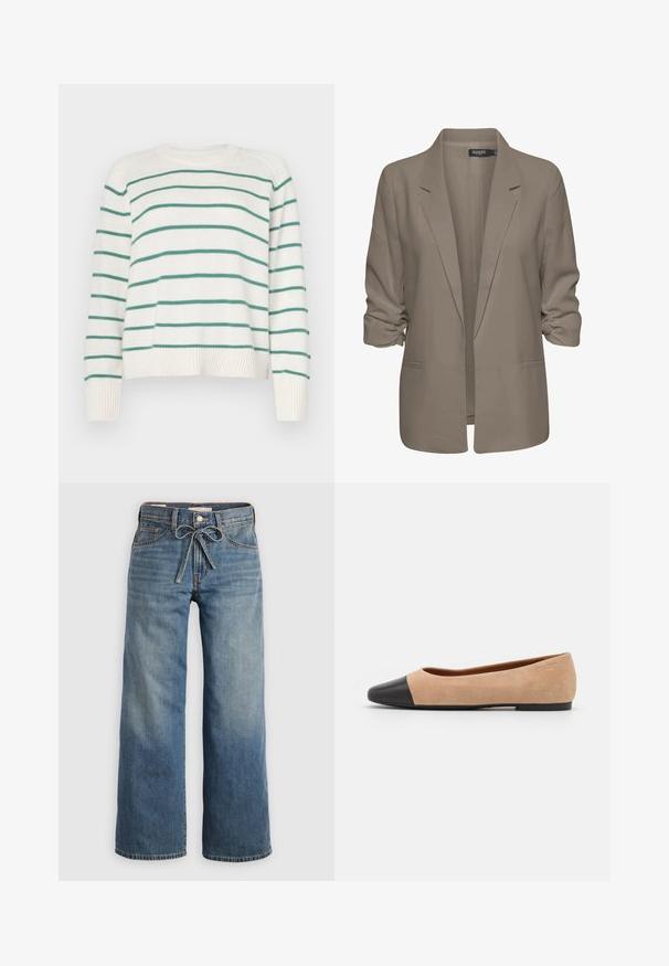 Bež jakna slobodnog kroja, izrađena od glatkog materijala, ima podvrnute rukave, dva bočna džepa i dizajn s izrezanim reverom.; Bijela pulover s zelenim horizontalnim prugama, okruglim izrezom i rebrastim manžetama. Mekana tekstura, blago skraćeni kroj s opuštenim fitom.; Svijetloplave traperice širokih nogavica, izrađene od denima, s elastičnom trakom u struku, dva prednja džepa i suptilnim izbljeđivanjem za dodatnu teksturu.; Bež balerinke od suede materijala s crnim kožnim zaobljenim vrhom, niskom potpeticom i glatkom površinom, s minimalnim šavovima i čistim dizajnom.