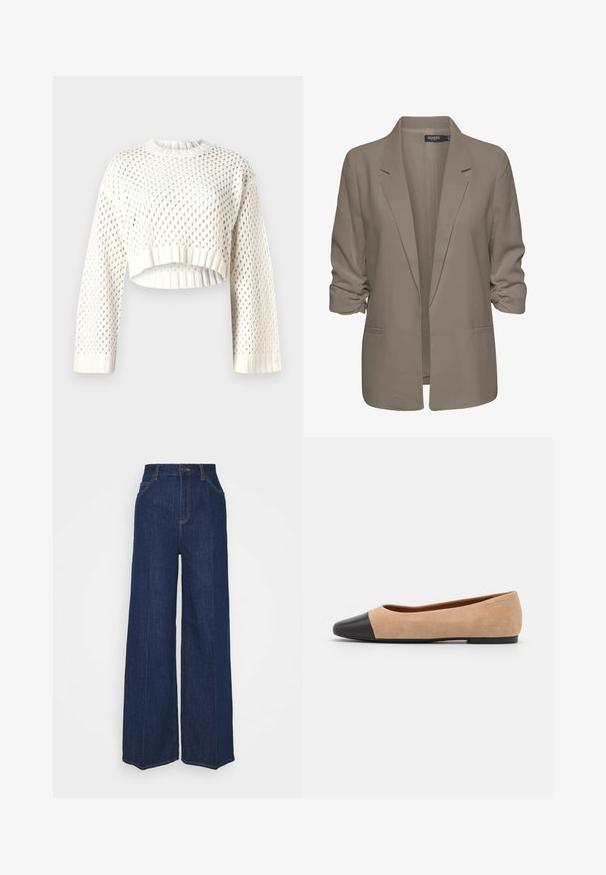 Bézs színű, laza szabású blézer, sima anyagból készült, felgÖngyölt ujjakkal, két oldalsó zsebbel és cakkos rever kialakítással.; Fehér kötött, rövidített pulóver, nagy hálós mintával, bordázott mandzsettával és kerek nyakkivágással. Könnyű és textúrált anyag.; Magas derekú, széles szárú sötétkék farmernadrág elöl és hátul zsebekkel, gombos záródással és látható varrási részletekkel.; Beige velúr balettcipő fekete bőr kerek orral, alacsony sarokkal és sima textúrával, minimális varrással és letisztult dizájnnal.
