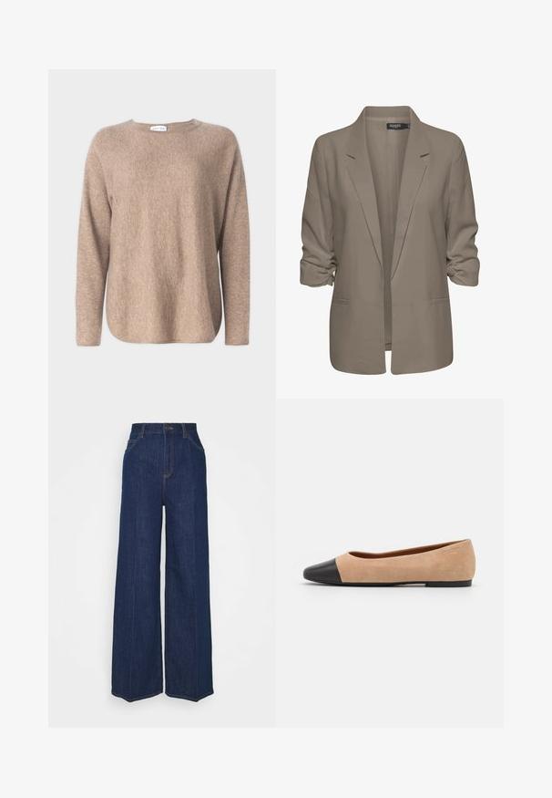 Beżowa, luźno dopasowana marynarka, wykonana z gładkiego materiału, z podwiniętymi rękawami, dwoma bocznymi kieszeniami i klapami w stylu notch.; Davida Cashmere - Sweter; Trzy bluzki z długim rękawem ułożone jedna na drugiej: czarna, szara i biała. Każda z okrągłym dekoltem i skróconym fasonem, wykonana z gładkiego, lekkiego materiału.; Jeansy z wysokim stanem, szerokimi nogawkami w ciemnoniebieskim kolorze, z kieszeniami z przodu i z tyłu, z zapięciem na guzik oraz widocznymi detalami w stieniu.; Beżowe zamszowe baleriny z czarnym skórzanym okrągłym noskiem, niskim obcasem i gładką teksturą, charakteryzujące się minimalnym przeszyciem i prostym designem.