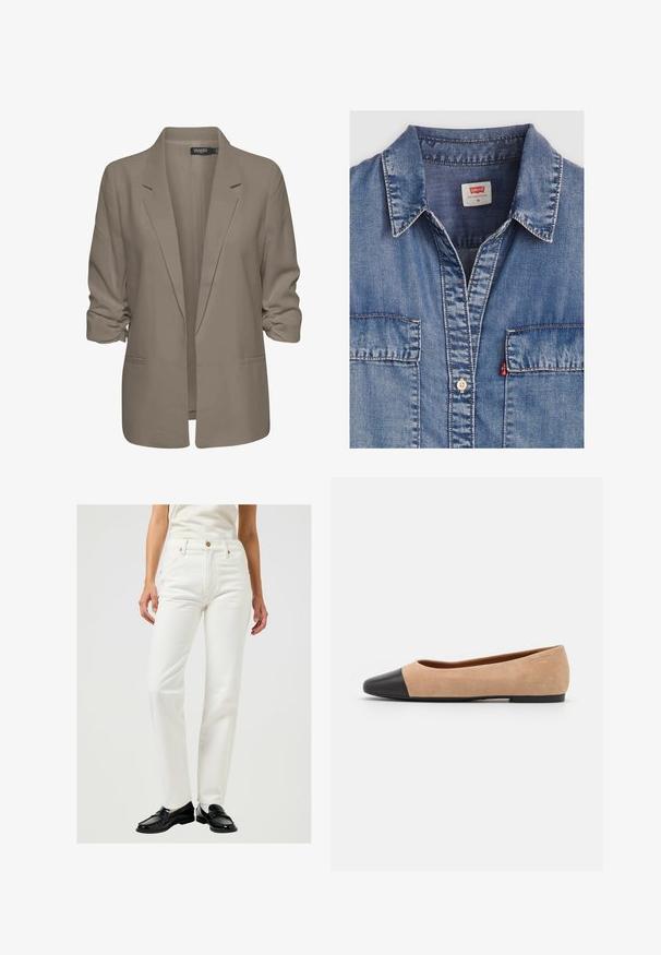 Blazer beige de corte holgado, hecho de tela suave, presenta mangas enrolladas, dos bolsillos laterales y un diseño de solapa muesca.; Camisa de mezclilla azul claro con cuello puntiagudo, dos bolsillos frontales, cierre de botones y detalles de costura en contraste. La etiqueta dice "Levi's."; Jeans de mezclilla blanca con corte recto, cinco bolsillos, herrajes de cobre y cierre de botón. Textura suave y diseño clásico.; Bailarina de ante beige con una puntera redondeada de cuero negro, tacón bajo y textura suave, que presenta costuras mínimas y un diseño limpio.
