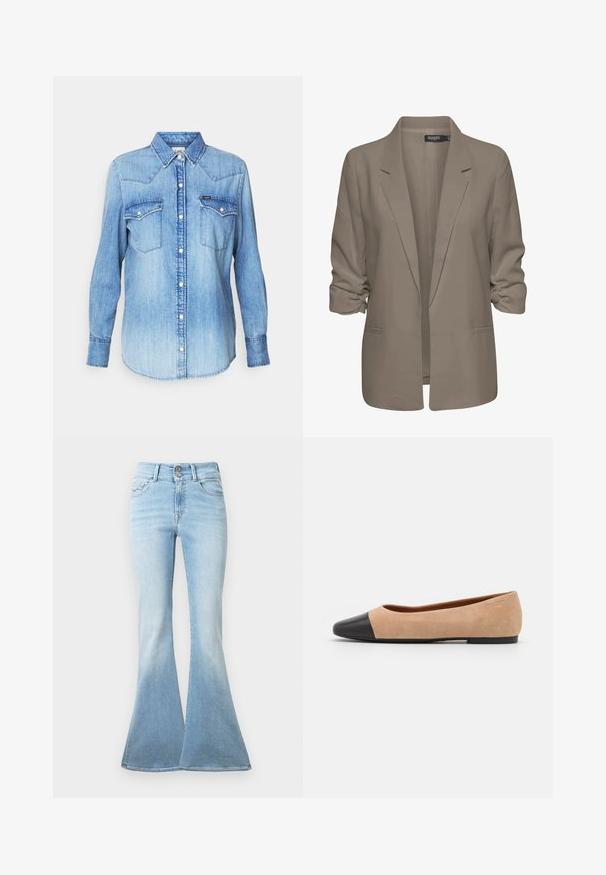 Beige lös passande blazer, tillverkad av mjukt tyg, har uppvikt ärmar, två sidofickor och en notch-lapel-design.; Ljusblå denimskjorta med långa ärmar, spetsig krage, två bröstfickor, knäppning framtill och subtila blekningar på tyget. Varumärkesetikett synlig.; Ljusblå utställda jeans i denim. Har en hög midja med två knappar och lätt blekning mot fållen. Klassisk femfickdesign.; Beige mockasins med rund svart lädertå, låg klack och mjuk yta, med minimal sömnad och en ren design.