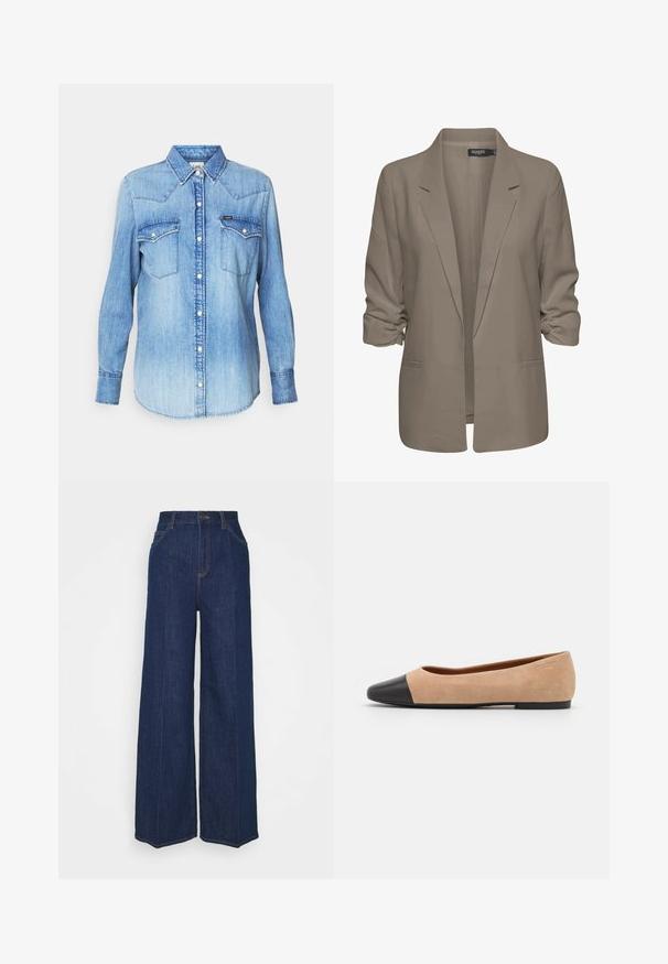 Bézs színű, laza szabású blézer, sima anyagból készült, felgÖngyölt ujjakkal, két oldalsó zsebbel és cakkos rever kialakítással.; Világoskék farmering hosszú ujjakkal, hegyes gallérral, két mellzsebbel, gombos elülső résszel és finom kopással az anyagon. Látható márkajelzés.; Magas derekú, széles szárú sötétkék farmernadrág elöl és hátul zsebekkel, gombos záródással és látható varrási részletekkel.; Beige velúr balettcipő fekete bőr kerek orral, alacsony sarokkal és sima textúrával, minimális varrással és letisztult dizájnnal.