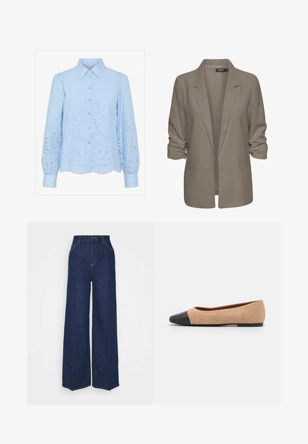 Beige, lockere Blazer aus glattem Stoff, mit umgeschlagenen Ärmeln, zwei seitlichen Taschen und einemreversierten Kragen.; Himmelbluse mit Knopfleiste, spitzem Kragen, langen gepufften Ärmeln und besticktem Lochmuster. Mit gewelltem Saum.; Hochtaillierte, weit geschnittene, dunkelblaue Jeans aus Denim mit Front- und Gesäßtaschen, Knopfverschluss und sichtbaren Nähdetails.; Beige Wildleder Ballerina mit einer runden Zehenkappe aus schwarzem Leder, niedrigem Absatz und glatter Textur, mit minimaler Nahtverarbeitung und klarem Design.