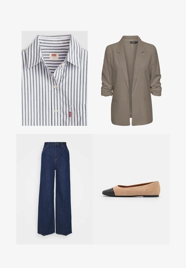 Blazer beige dal taglio morbido, realizzato in tessuto liscio, con maniche arrotolate, due tasche laterali e design con revers a punta.; Camicia a maniche corte a righe in bianco e grigio, con colletto abbottonato e taschino. Materiale in cotone con una consistenza morbida.; Jeans in denim blu scuro a vita alta e gamba larga, con tasche frontali e posteriori, chiusura con bottone e dettagli di cucitura visibili.; Ballerine in suede beige con punta tonda in pelle nera, tacco basso e texture liscia, caratterizzate da cuciture minime e un design pulito.