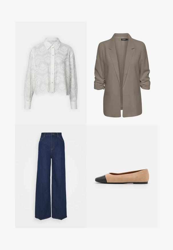 Bež srajcni blazer, ohlapen kroj, izdelan iz gladkega materiala, z zavitimi rokavi, dvema stranskima žepoma in zareznim ovratnikom.; Bela skrajšana srajca z gumbi, z vezenimi cvetličnimi vzorci, ovratnikom in dolgimi rokavi, s špranjami ob robovih.; Temno modri džins s širokimi nogavicami in visokim pasom, z žepi spredaj in zadaj, gumbom za zapiranje in vidnimi šivi.; Bež suedska baletna obutev s črnim usnjenim okroglim delom na prstih, nizko peto in gladko teksturo, ki se ponaša z minimalnimi šivi in čistim dizajnom.
