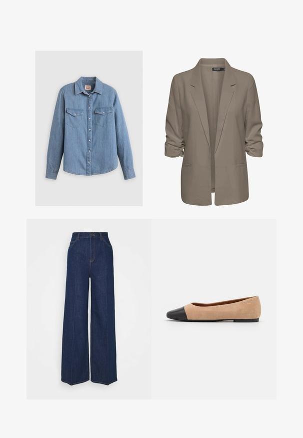 Blazer beige dal taglio morbido, realizzato in tessuto liscio, con maniche arrotolate, due tasche laterali e design con revers a punta.; Camicia di jeans blu chiaro con maniche lunghe, chiusura frontale con bottoni, due tasche sul petto e colletto a punta. Presenta bottoni argentati e una finitura testurizzata.; Jeans in denim blu scuro a vita alta e gamba larga, con tasche frontali e posteriori, chiusura con bottone e dettagli di cucitura visibili.; Ballerine in suede beige con punta tonda in pelle nera, tacco basso e texture liscia, caratterizzate da cuciture minime e un design pulito.