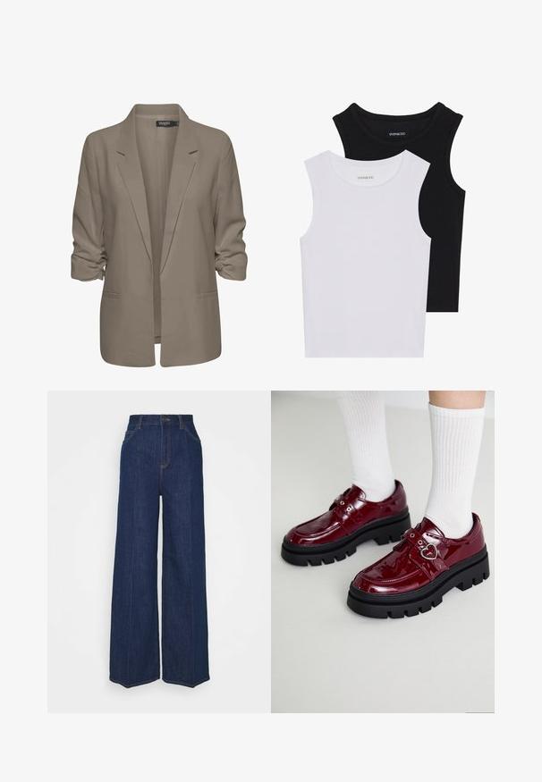 Beige lös passande blazer, tillverkad av mjukt tyg, har uppvikt ärmar, två sidofickor och en notch-lapel-design.; Två ärmlösa toppar i svart och vitt, tillverkade av ribbat bomull, med rund halsringning och en figurpassande design. Etiketter synliga på båda.; Höga vida jeans i mörkblå denim med fram- och bakfickor, knäppning och synliga söm detaljer.; Bordeauxlackskor med en kraftig svart sula, dubbelrem med hjärtdekor och ribbade vita strumpor. Retrodesign med tjockt mönster.