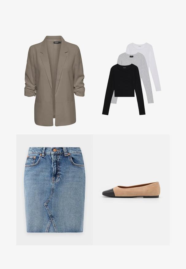 Beige löysä istuva bleiseri, joka on valmistettu sileästä kankaasta, sisältää käännetyt hihansuut, kaksi sivutaskua ja viiltoverhoillun kauluksen muotoilun.; Kolme pitkähihasta paita päällekkäin: musta, harmaa ja valkoinen. Jokaisessa on pyöreä pääntie ja lyhennetty muotoilu, jossa on sileä ja kevyt kangas.; Demiinihame keskipitkässä sinisessä, jossa on tiukka muotoilu, etutaskut ja vinosaumadetail. Vakiovyötärö metallisella napilla.; Beige mokkasiner i semsket skinn med svart lær ved tuppen, lav hæl og glatt tekstur, med minimal søm og et rent design.