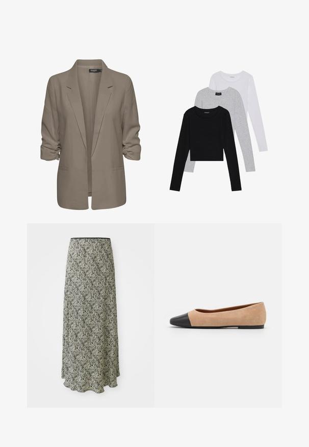 Beige løs blazer lavet af glat stof, har rullede ærmer, to sidelommer og en krave med hak.; Tre langærmede toppe stablet: sort, grå og hvid. Hver har en rund halsudskæring og et cropped design med glat, let stof.; Sort og off-white midi nederdel med et bølget mønster, glat tekstur og en scalloped kant; lavet af letvægtsstof.; Beige ruskind balletflade med en sort læder rund tåkap, lav hæl og glat tekstur, der har minimal syning og et enkelt design.