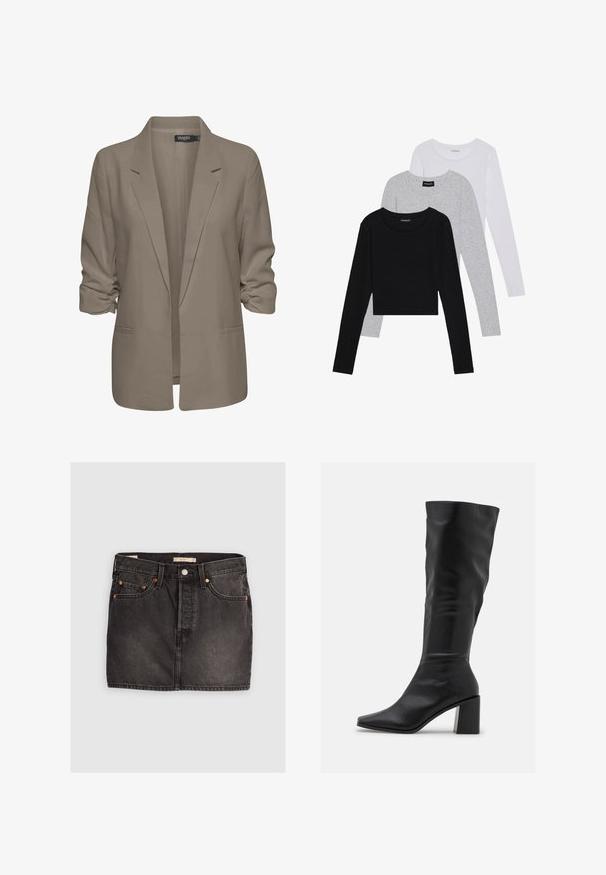 Bež srajcni blazer, ohlapen kroj, izdelan iz gladkega materiala, z zavitimi rokavi, dvema stranskima žepoma in zareznim ovratnikom.; Tri dolga rokava zložena: črna, siva in bela. Vsaka ima okroglo izreznico in skrajšan dizajn z gladkim, lahkotnim materialom.; Črna denim krila s petimi žepi, kovinskim gumbom in kontrastnim oranžnim šivanjem. Ima naravnost obliko in minimalne poškodbe.; RAID BLICK - Škornji - black