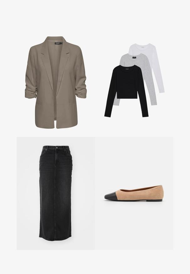 Bézs színű, laza szabású blézer, sima anyagból készült, felgÖngyölt ujjakkal, két oldalsó zsebbel és cakkos rever kialakítással.; Három hosszú ujjú póló egymásra rakva: fekete, szürke és fehér. Mindegyiknek kerek nyaka van, és rövidített fazonnal rendelkezik, sima, könnyű anyagból készült.; Fekete farmer maxi szoknya egyenes szabással, közepes magasítással, elülső zsebekkel és látható varrással az illesztések mentén.; Beige velúr balettcipő fekete bőr kerek orral, alacsony sarokkal és sima textúrával, minimális varrással és letisztult dizájnnal.