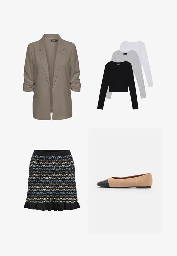 Blazer beige ample, fabriqué en tissu lisse, présente des manches retroussées, deux poches latérales et un design à revers.; Trois hauts à manches longues empilés : noir, gris et blanc. Chacun a un col rond et un design court avec un tissu lisse et léger.; Jupe tricotée avec un motif géométrique en noir, bleu, brun et blanc, avec un ourlet volanté et une taille élastique.; Ballet flat en suédine beige avec un embout rond en cuir noir, petit talon et texture lisse, présentant des coutures minimales et un design épuré.
