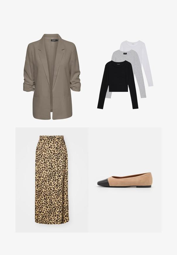 Bež srajcni blazer, ohlapen kroj, izdelan iz gladkega materiala, z zavitimi rokavi, dvema stranskima žepoma in zareznim ovratnikom.; Tri dolga rokava zložena: črna, siva in bela. Vsaka ima okroglo izreznico in skrajšan dizajn z gladkim, lahkotnim materialom.; Kravljji vzorec, bež krilo iz blaga, polne dolžine, z elastičnim pasom, s gladko teksturo in nabranim dizajnom.; Bež suedska baletna obutev s črnim usnjenim okroglim delom na prstih, nizko peto in gladko teksturo, ki se ponaša z minimalnimi šivi in čistim dizajnom.