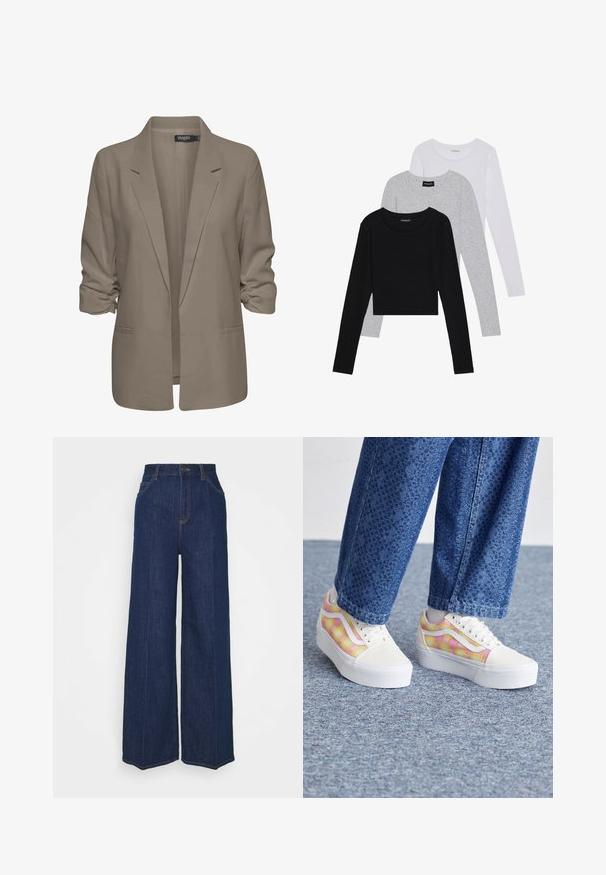 Béžový voľný sako, vyrobené z hladkej látky, má zrolované rukávy, dve bočné vrecká a design so zárezom na klopách.; Tričko s dlhým rukávom v troch farbách: čiernej, sivej a bielej. Každé má okrúhly výstrih a skrátený strih vyrobený z hladkej, ľahkej tkaniny.; Džíns s vysokým pásom a širokými nohavicami, tmavomodrej farby, s prednými a zadnými vreckami, zapínaním na gombík a viditeľnými švy.; Platformové tenisky s bielou plátennou špičkou, viacfarebným kockovaným vzorom v ružovej a žltej farbe a bielymi gumovými podrážkami. Textilné džínsové nohavice.