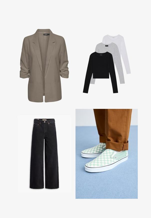 Bež jakna slobodnog kroja, izrađena od glatkog materijala, ima podvrnute rukave, dva bočna džepa i dizajn s izrezanim reverom.; Tri dugih rukava posložena: crna, siva i bijela. Svaka ima okrugli izrez i skrateni kroj s glatkom, laganom tkaninom.; Crne široke traperice izrađene od denima, s pet džepova, bakrenim zakovicama i klasičnom kopčom. Glatka tekstura s čistim dizajnom.; Stopala u smešnim hlačama s okovratnikom nose pastelno zelene i bele karirane slip-on Vans tenisice na svetloplavom tepihu.