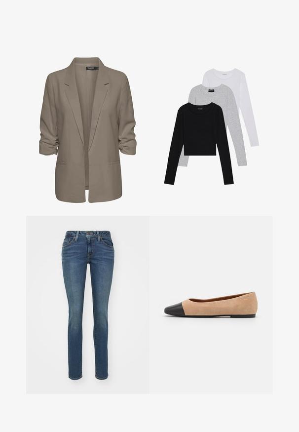 Bežs brīvā piegriezuma žakete, izgatavota no gludas auduma, ar sarullētām piedurknēm, divām sānu kabatām un ar iedziļinātu apkakles dizainu.; Trīs garām piedurknēm veidotas augšdaļas, sakrautās: melna, pelēka un balta. Katram ir noapaļots kakla izgriezums un īsa dizaina forma ar gludu, vieglu audumu.; Zili zili džinsi ar pieguļošu piegriezumu, pieci kabatas, redzamā šuvēšana un rāvējslēdzēja aizdare. Ietver nedaudz izbalējušu tekstūru papildu detaļām.; Beigā zamšādas balerīnas ar melnu ādas noapaļotu purngalu, zemu papēdi un gludu tekstūru, ar minimālu dūrienu un tīru dizainu.