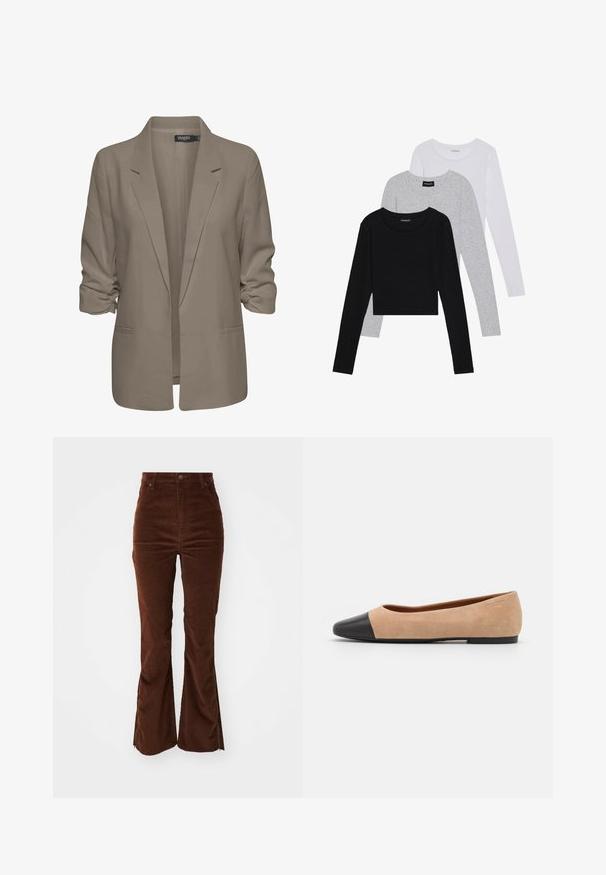 Smėlinis laisvas blazeris, pagamintas iš lygios medžiagos, turi suktus rankovės, dvi šonines kišenes ir įpjautą apykaklę.; Trijų ilgomis rankovėmis marškinėlių krūva: juodas, pilkas ir baltas. Kiekvienas turi apvalų iškirpimą ir trumpą dizainą, pagamintas iš lygaus, lengvo audinio.; Aukštai talijoje, rudo aksominio audinio kelnės su priekinėmis kišenėmis ir platėjančiomis kojomis, kurių išoriniuose siūluose yra užtrauktukai.; Šviesiai rudas zomšiniai baleto bateliai su juodu odiniu suapvalintu pirštu, maža pakulne ir lygia tekstūra, su minimaliai siūlėmis ir tvarkingu dizainu.