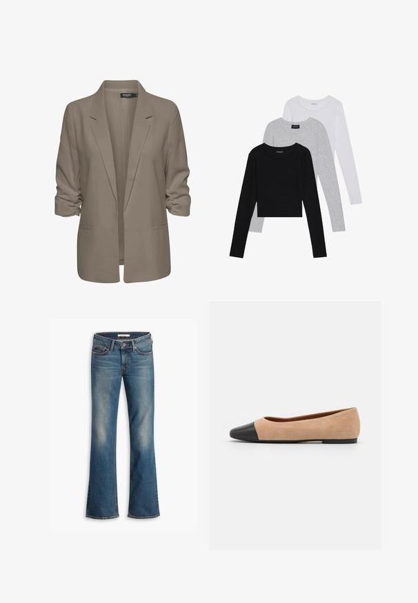 Bež srajcni blazer, ohlapen kroj, izdelan iz gladkega materiala, z zavitimi rokavi, dvema stranskima žepoma in zareznim ovratnikom.; Tri dolga rokava zložena: črna, siva in bela. Vsaka ima okroglo izreznico in skrajšan dizajn z gladkim, lahkotnim materialom.; Modri jeans bootcut iz denima s petimi žepi in gumbom za zapiranje, z izbledelimi področji na stegnih in kolenih.; Bež suedska baletna obutev s črnim usnjenim okroglim delom na prstih, nizko peto in gladko teksturo, ki se ponaša z minimalnimi šivi in čistim dizajnom.