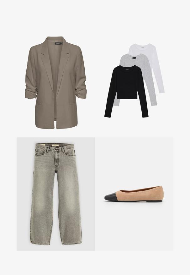 Bež srajcni blazer, ohlapen kroj, izdelan iz gladkega materiala, z zavitimi rokavi, dvema stranskima žepoma in zareznim ovratnikom.; Tri dolga rokava zložena: črna, siva in bela. Vsaka ima okroglo izreznico in skrajšan dizajn z gladkim, lahkotnim materialom.; Svetlo sivi, široki traper hlače iz denima. Imajo tradicionalen pet-pocket stil in rahlo bledenje po celotni tkanini.; Bež suedska baletna obutev s črnim usnjenim okroglim delom na prstih, nizko peto in gladko teksturo, ki se ponaša z minimalnimi šivi in čistim dizajnom.