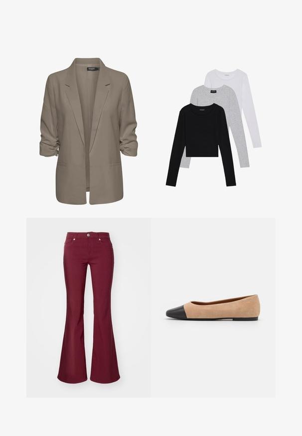Beige, losse blazer van een gladde stof, met opgerolde mouwen, twee zijzakken en een geknipt revers ontwerp.; Drie langmouwige tops gestapeld: zwart, grijs en wit. Elke top heeft een ronde halslijn en een cropped ontwerp van soepel, lichtgewicht materiaal.; Bordeaux flared jeans met een gladde textuur, vijf zakken en een knoopsluiting op de taille. Heeft een nauwsluitende taille en wijde benen.; Beige suède ballet flats met een zwarte leren ronde neuskap, lage hak en een gladde textuur, met minimale stiksels en een schone uitstraling.