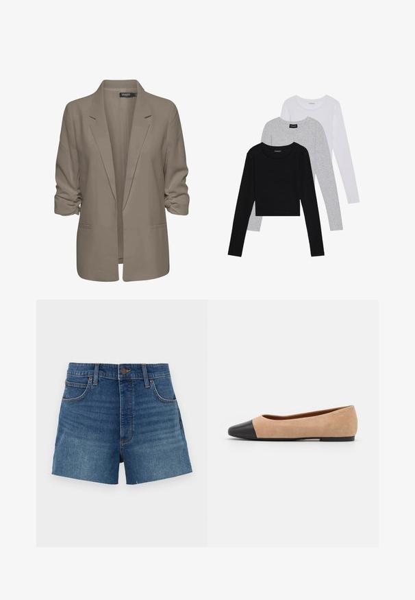 Bež jakna slobodnog kroja, izrađena od glatkog materijala, ima podvrnute rukave, dva bočna džepa i dizajn s izrezanim reverom.; Tri dugih rukava posložena: crna, siva i bijela. Svaka ima okrugli izrez i skrateni kroj s glatkom, laganom tkaninom.; Traper šortsevi u srednje plavoj boji, s visokim strukom, četiri džepa i šivenim detaljima. Glatka tekstura s klasičnim krojem.; Bež balerinke od suede materijala s crnim kožnim zaobljenim vrhom, niskom potpeticom i glatkom površinom, s minimalnim šavovima i čistim dizajnom.