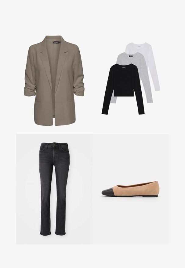 Bež jakna slobodnog kroja, izrađena od glatkog materijala, ima podvrnute rukave, dva bočna džepa i dizajn s izrezanim reverom.; Tri dugih rukava posložena: crna, siva i bijela. Svaka ima okrugli izrez i skrateni kroj s glatkom, laganom tkaninom.; Crne traperice ravnog kroja s prednjim i stražnjim džepovima, petljama za remen te kopčanjem na gumbi i patentnom zatvaraču.; Bež balerinke od suede materijala s crnim kožnim zaobljenim vrhom, niskom potpeticom i glatkom površinom, s minimalnim šavovima i čistim dizajnom.