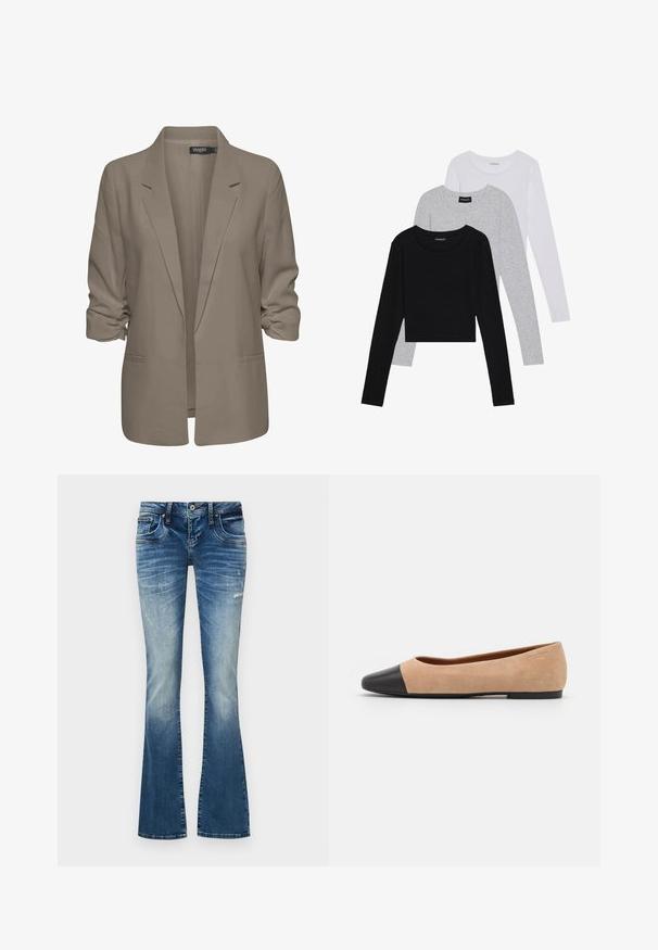 Blazer beige de corte holgado, hecho de tela suave, presenta mangas enrolladas, dos bolsillos laterales y un diseño de solapa muesca.; Tres camisetas de manga larga apiladas: negra, gris y blanca. Cada una tiene un escote redondo y un diseño recortado con una tela suave y ligera.; LTB VALERIE - Vaqueros bootcut - light blue denim; Bailarina de ante beige con una puntera redondeada de cuero negro, tacón bajo y textura suave, que presenta costuras mínimas y un diseño limpio.
