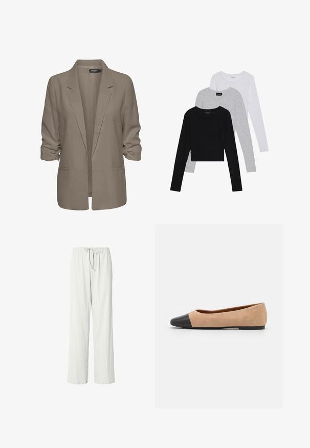 Blazer beige ample, fabriqué en tissu lisse, présente des manches retroussées, deux poches latérales et un design à revers.; Trois hauts à manches longues empilés : noir, gris et blanc. Chacun a un col rond et un design court avec un tissu lisse et léger.; Pantalons de pyjama gris clair avec une coupe décontractée, texture côtelée, taille élastique et cordon de serrage réglable. Longueur complète et tissu lisse.; Ballet flat en suédine beige avec un embout rond en cuir noir, petit talon et texture lisse, présentant des coutures minimales et un design épuré.
