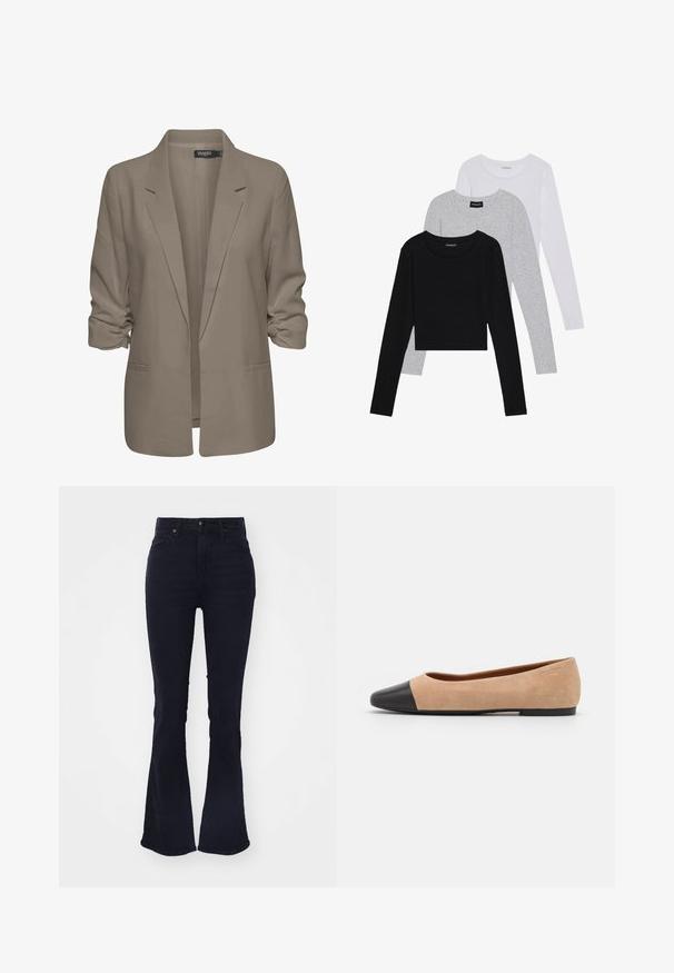 Béžový voľný sako, vyrobené z hladkej látky, má zrolované rukávy, dve bočné vrecká a design so zárezom na klopách.; Tričko s dlhým rukávom v troch farbách: čiernej, sivej a bielej. Každé má okrúhly výstrih a skrátený strih vyrobený z hladkej, ľahkej tkaniny.; Tmavomodré rozšírené džínsy s vysokým pásom, vyrobené z denimu, s klasickým piatym vreckom a zipsovým zapínaním.; Béžové semišové baletky s čiernou koženou okrúhlou špičkou, nízkym podpätkom a hladkou textúrou, s minimálnym prešívaním a čistým dizajnom.