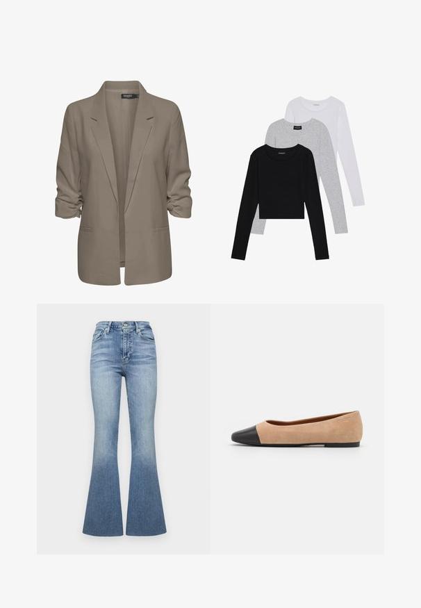 Beige, lockere Blazer aus glattem Stoff, mit umgeschlagenen Ärmeln, zwei seitlichen Taschen und einemreversierten Kragen.; Drei langärmelige Oberteile gestapelt: schwarz, grau und weiß. Jedes hat einen runden Halsausschnitt und ein kurzes Design aus glattem, leichtem Stoff.; Hochtaillierte Schlagjeans aus hellblauem Denim mit einem Verlaufseffekt. Verfügt über fünf Taschen und einen Frontknopfverschluss.; Beige Wildleder Ballerina mit einer runden Zehenkappe aus schwarzem Leder, niedrigem Absatz und glatter Textur, mit minimaler Nahtverarbeitung und klarem Design.