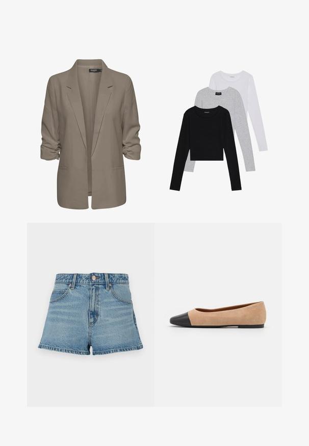 Blazer beige de corte holgado, hecho de tela suave, presenta mangas enrolladas, dos bolsillos laterales y un diseño de solapa muesca.; Tres camisetas de manga larga apiladas: negra, gris y blanca. Cada una tiene un escote redondo y un diseño recortado con una tela suave y ligera.; Pantalones cortos de mezclilla azul claro con una cintura alta, dobladillo deshilachado, costuras en contraste y bolsillos frontales. Incluye un botón de metal y etiqueta de marca.; Bailarina de ante beige con una puntera redondeada de cuero negro, tacón bajo y textura suave, que presenta costuras mínimas y un diseño limpio.
