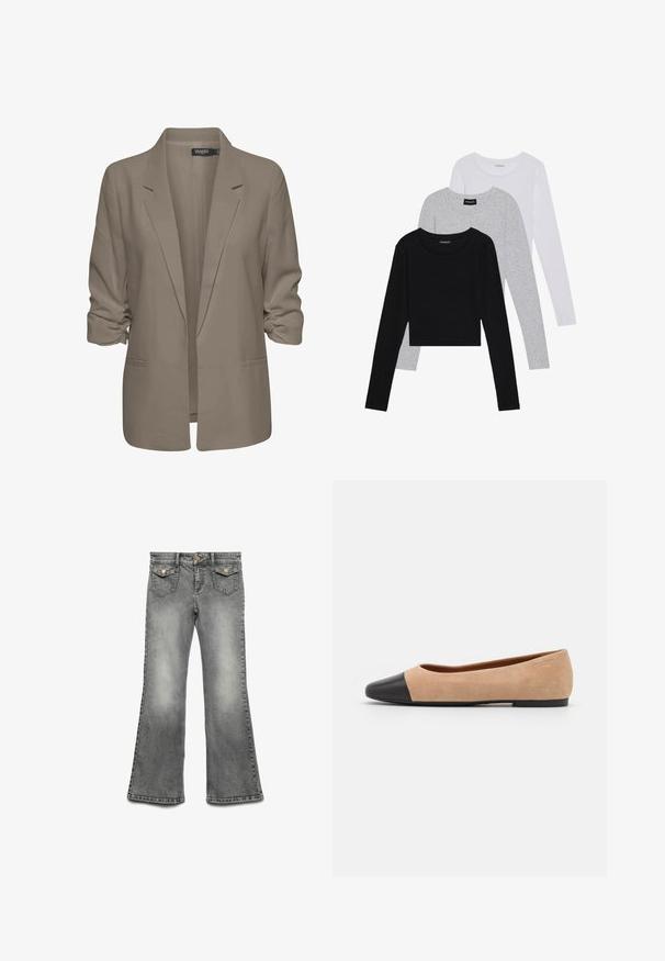 Blazer beige dal taglio morbido, realizzato in tessuto liscio, con maniche arrotolate, due tasche laterali e design con revers a punta.; Tre magliette a maniche lunghe impilate: nera, grigia e bianca. Ognuna ha un colletto rotondo e un design accorciato con tessuto morbido e leggero.; Jeans a zampa d'elefante in denim grigio con lavaggio sfumato, design a cinque tasche e dettagli in metallo dorato a contrasto. Vita dritta con chiusura a bottone.; Ballerine in suede beige con punta tonda in pelle nera, tacco basso e texture liscia, caratterizzate da cuciture minime e un design pulito.