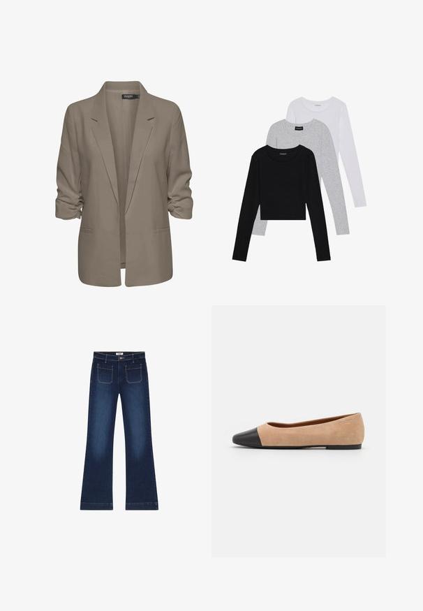 Bež srajcni blazer, ohlapen kroj, izdelan iz gladkega materiala, z zavitimi rokavi, dvema stranskima žepoma in zareznim ovratnikom.; Tri dolga rokava zložena: črna, siva in bela. Vsaka ima okroglo izreznico in skrajšan dizajn z gladkim, lahkotnim materialom.; Temno modri razširjeni kavbojki iz denima. Imajo pet žepov, zadrgo in zlate šive na šivih. Širok odprtine za noge.; Bež suedska baletna obutev s črnim usnjenim okroglim delom na prstih, nizko peto in gladko teksturo, ki se ponaša z minimalnimi šivi in čistim dizajnom.